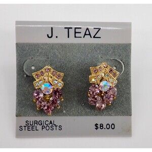 J. TEAZ Gold Tone Purple Aurora Borrealas Rhinestone Earrings Surgical Steel NWT
